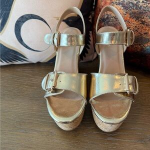 Bakers Harli Gold Metallic Platform Wedge Sandals Size 7 Buckle Cork Heel